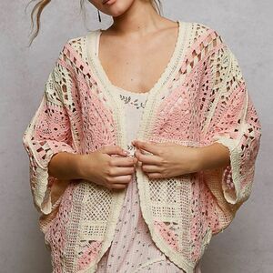 POL Pink and Cream Crochet Open Front Cardigan / Wrap